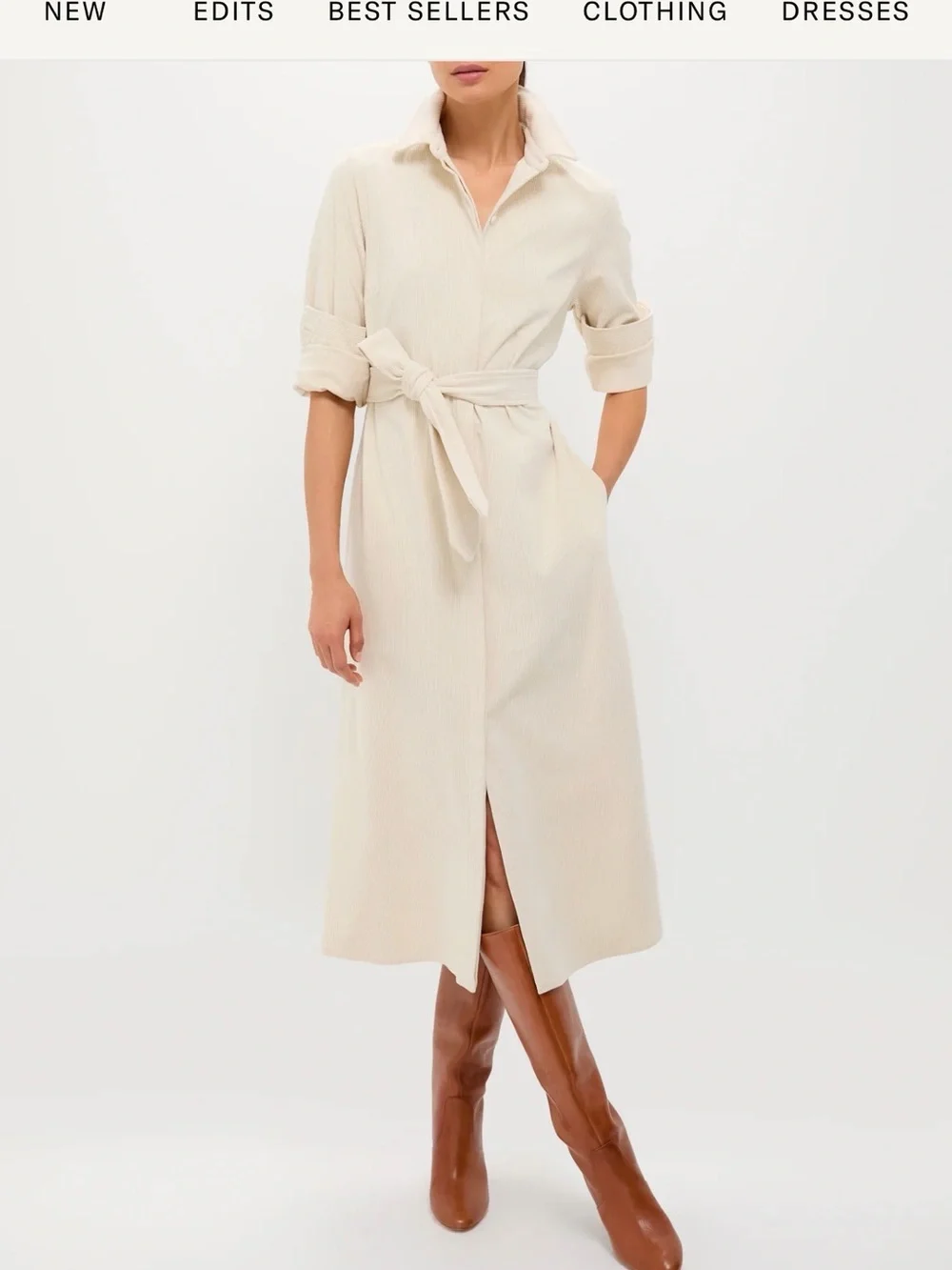Tuckernuck Cream Corduroy Long-Sleeve Belted Midi Dress